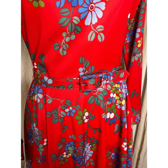 1960s Maximalist Red Blue Floral Psychedelic Disco Brady Bunch Bowtie Dress M - Picture 3 of 8